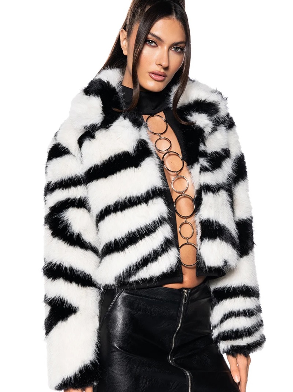AKIRA Black & White Faux Fur Striped Jacket - Women's Cozy Statement Coat - Picture 2 of 3